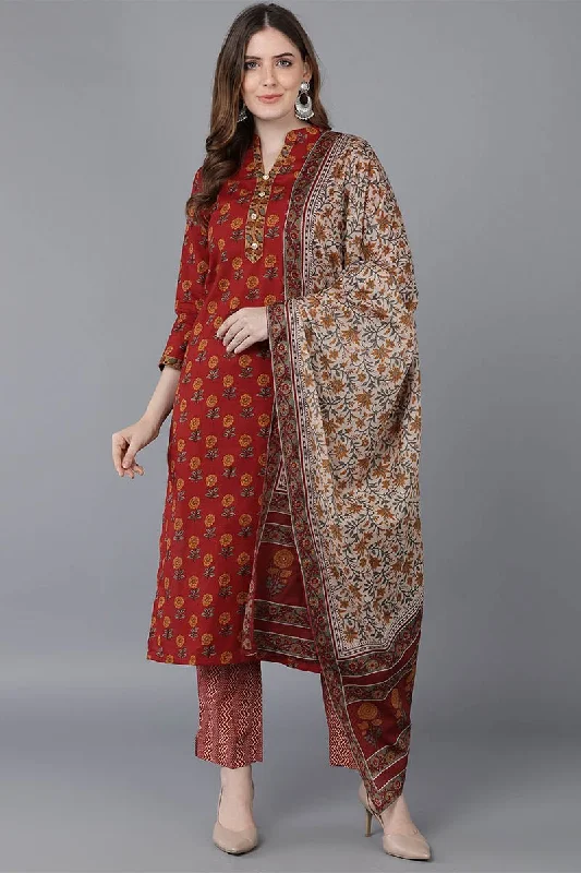 Ahika Red Pure Cotton Kurta Trousers With Dupatta Trousers luxurious premium