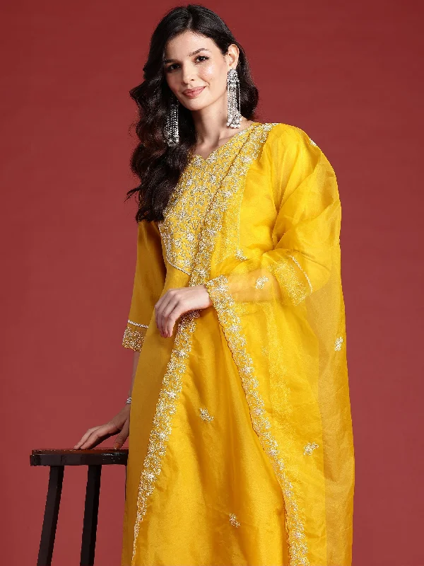 Women Yellow Embroidered Straight Kurta Trousers With Dupatta Set - Taantav Trousers Harem Relaxed Fit