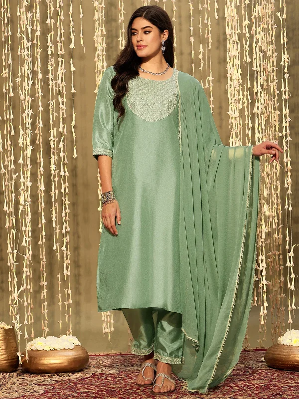 Women Green Embroidered Straight Kurta Trousers With Dupatta Set - Taantav Trousers Seasonal Trendy