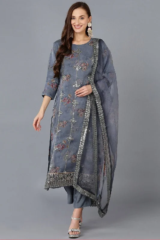 Ahika Grey Organza Floral Straight Kurta Trousers With Dupatta Trousers Tapered Slim Fit