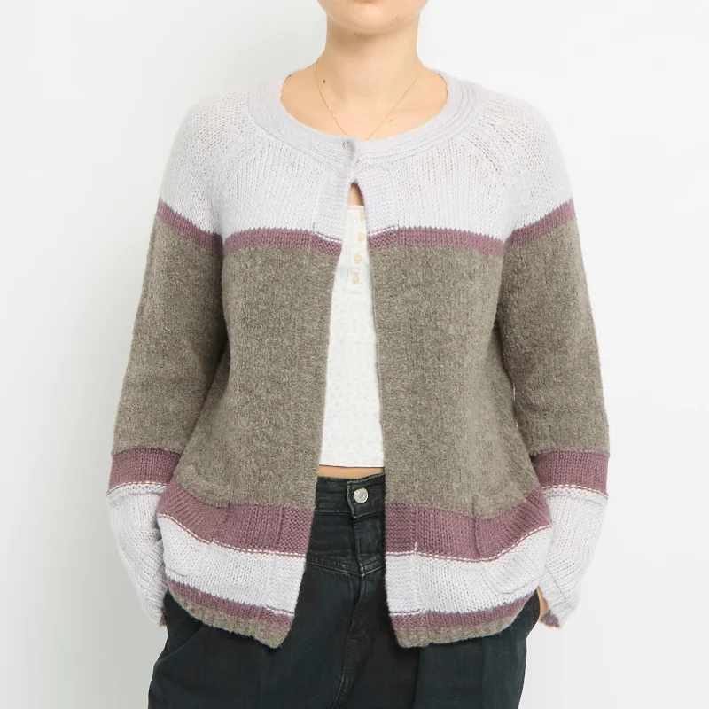 Stripe Detail Knitted Cardigan- UK 14 Print Jacquard Patchwork