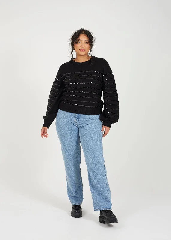 PLUS SIZE CREW NECK JUMPER WITH SEQUIN STRIPE Anti-Pilling Anti-Shrink Durable