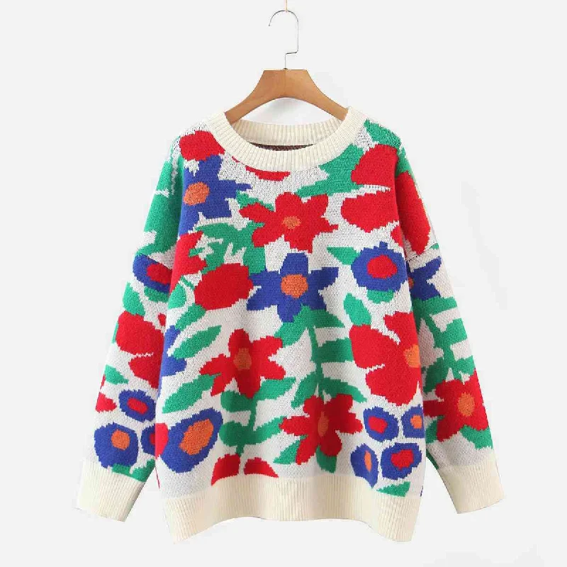 Floral Round Neck Drop Shoulder Sweater Wool Sweater Cotton Sweater Cashmere Sweater