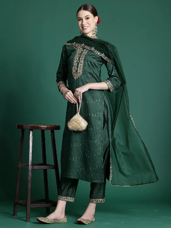 Women Green Embroidered Straight Kurta Trousers With Dupatta Set - Taantav Trousers Custom Made