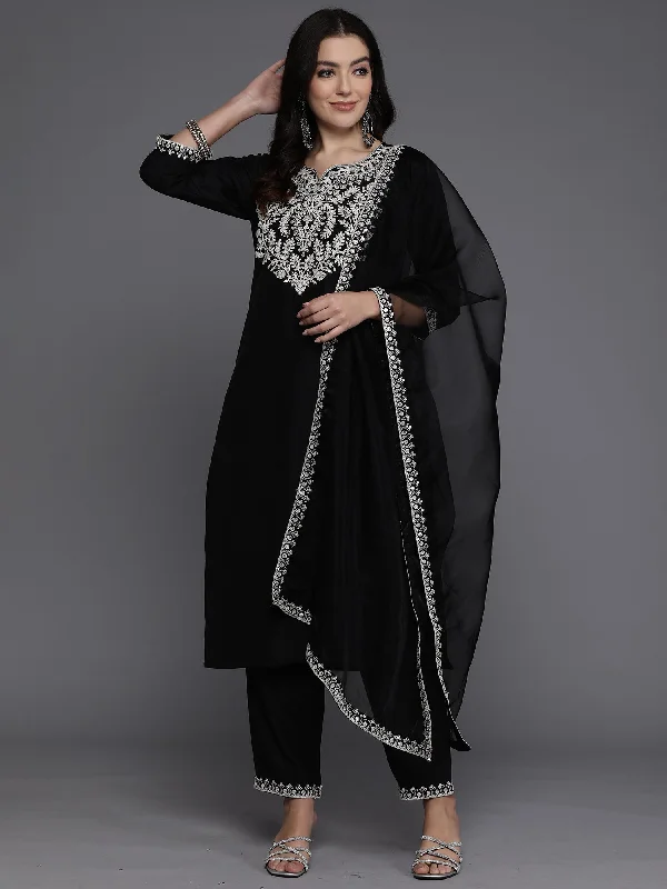 Women Black Embroidered Straight Kurta Trousers With Dupatta Set - Taantav Trousers Trousers Formal