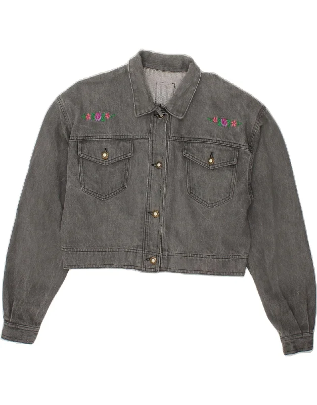 WILD Womens Crop Denim Jacket UK 14 Medium Grey Floral Belted Jacket Elasticated Jacket Padded Jacket WILD Womens Crop Denim Jacket UK 14 Medium Grey Floral Belted Jacket Elasticated Jacket Padded Jacket