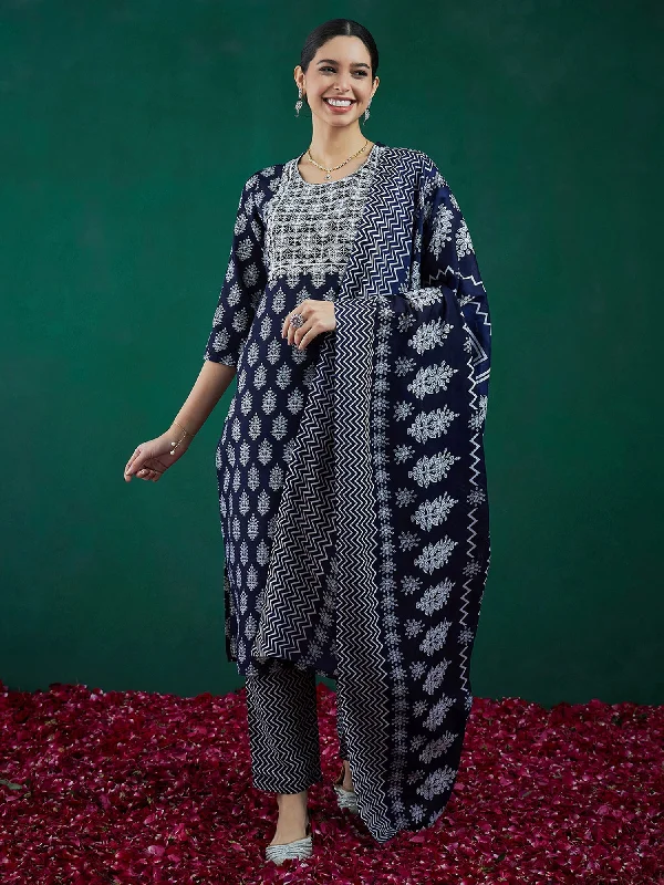 Women Blue Printed Straight Kurta Trousers With Dupatta Set - Taantav Trousers trendy modern