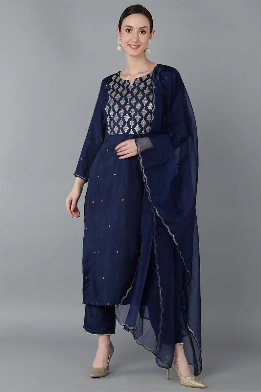 Ahika Navy Blue Silk Blend Yoke Design Solid Kurta Trousers With Dupatta Trousers Polka Dot Cute