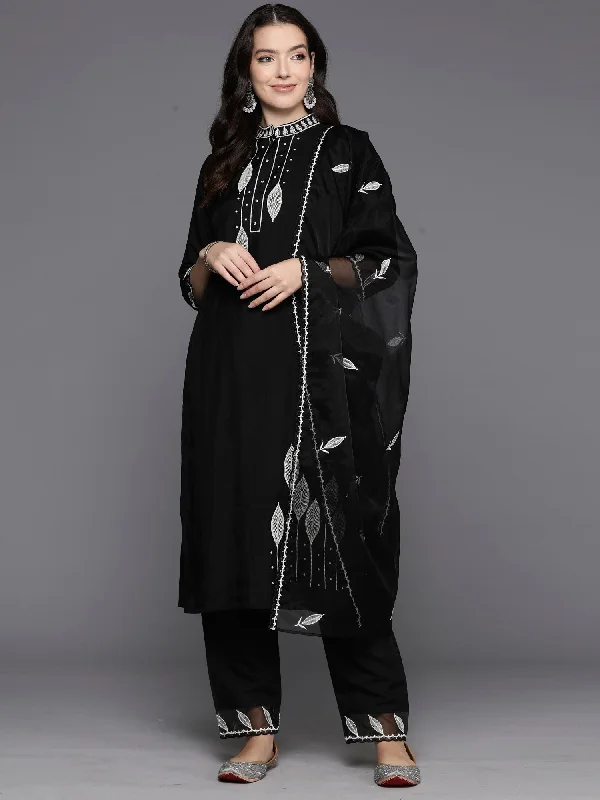 Women Black Embroidered Straight Kurta Trousers With Dupatta Set - Taantav Trousers Elastic Waist Soft