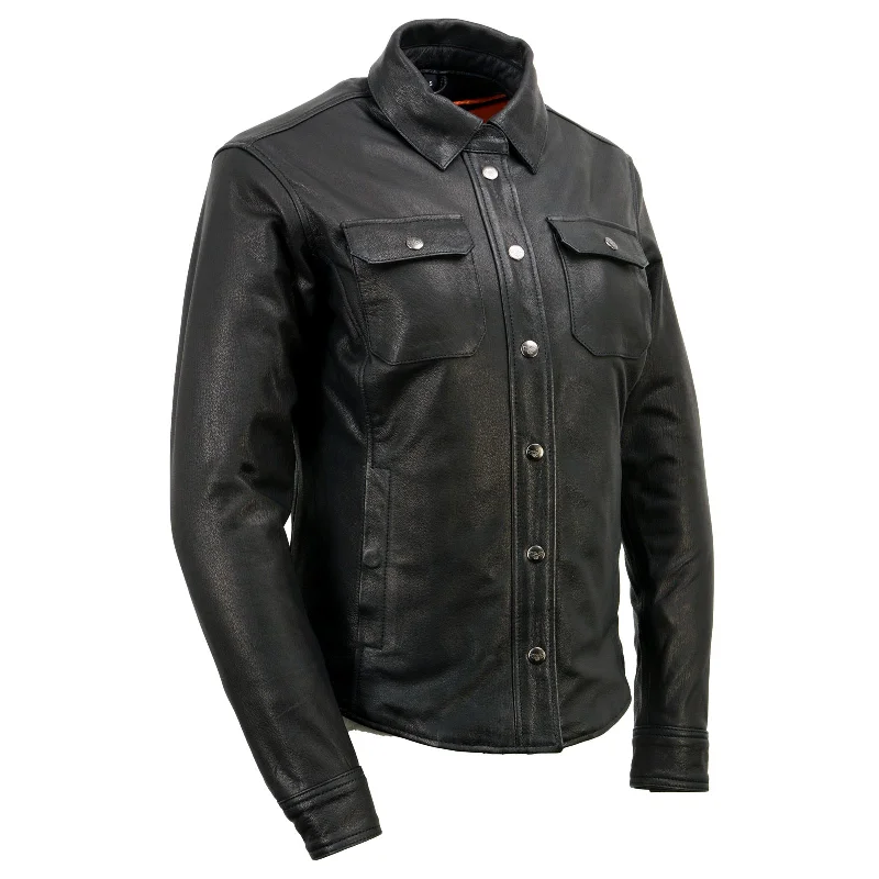 Milwaukee Leather | Black Women's Genuine Leather Shirt Jacket w/ Removable Liner and Reflective Trim - MLL2600 Appliqued Jacket Beaded Jacket Sequined Jacket Milwaukee Leather | Black Women's Genuine Leather Shirt Jacket w/ Removable Liner and Reflective Trim - MLL2600 Appliqued Jacket Beaded Jacket Sequined Jacket