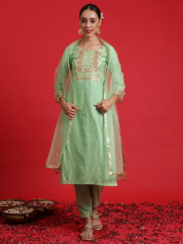 Women Green Embroidered Straight Kurta Trousers With Dupatta Set - Taantav Trousers Striped Patterned