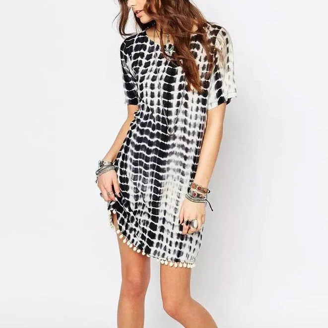 fashion hairball hem geometry print women summer dress loose casual straight dress