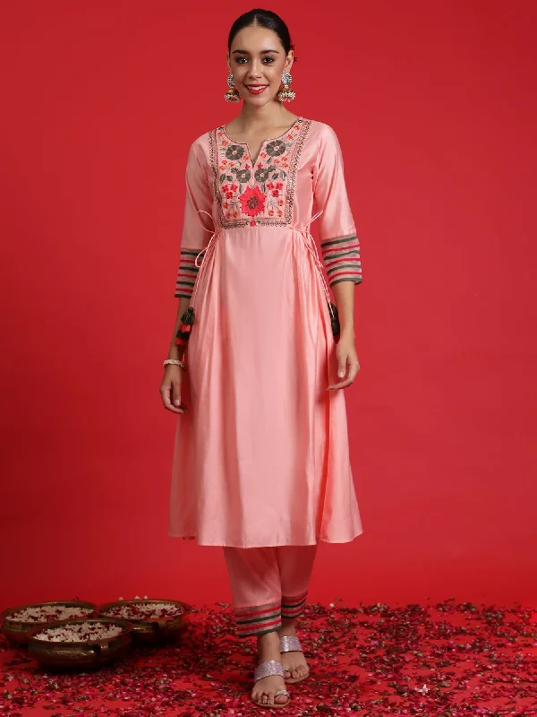 Women Pink Embroidered A-Line Kurta Trousers Set - Taantav Trousers Handmade Artisanal