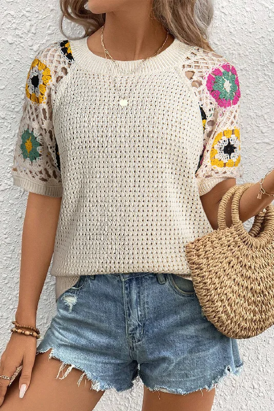 Blue Zone Planet |  Apricot Hollow Out Floral Crochet Short Sleeve Crewneck Sweater Hooded Sweater Collared Sweater Shawl Collar