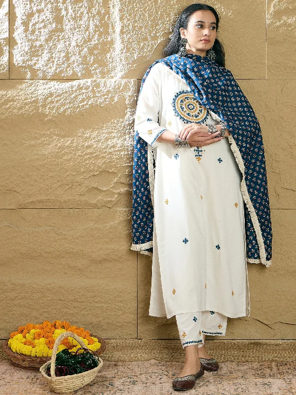 Women Cream Embroidered Straight Kurta Trousers With Dupatta Set - Taantav Trousers Chinos Classic