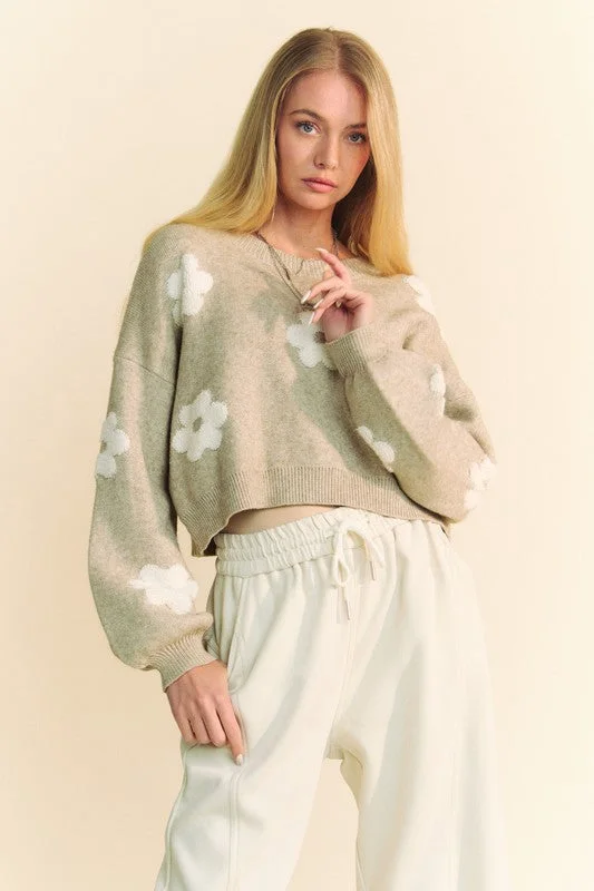 Blue Zone Planet |  Davi & Dani Floral Drop Shoulder Cropped Sweater Sequined Glittery Shiny