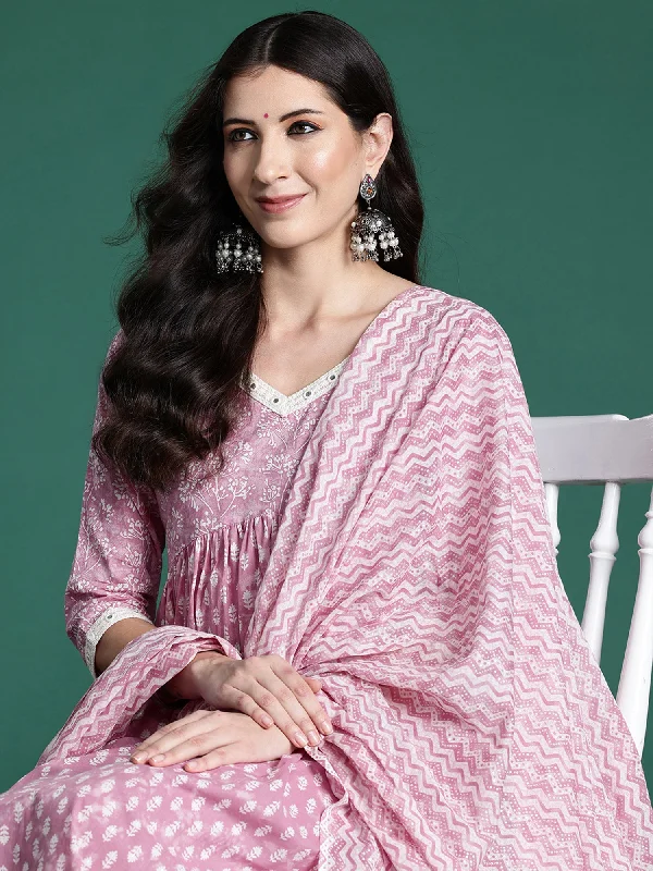 Women Pink Printed A-Line Kurta Trousers With Dupatta Set - Taantav Trousers Elastic Waist Soft