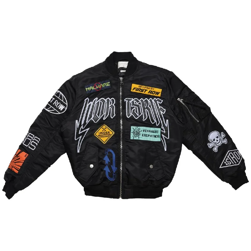 First Row Caution Multi Patches " Black Women's Jacket" A-Line Jacket Boat Neck Shawl Collar First Row Caution Multi Patches " Black Women's Jacket" A-Line Jacket Boat Neck Shawl Collar