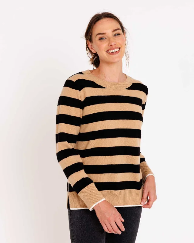 Womans Contrast Striped Crew Sweater in Camel and Black Stripes - order size down, runs large Beaded Sweater Sequined Faux Fur