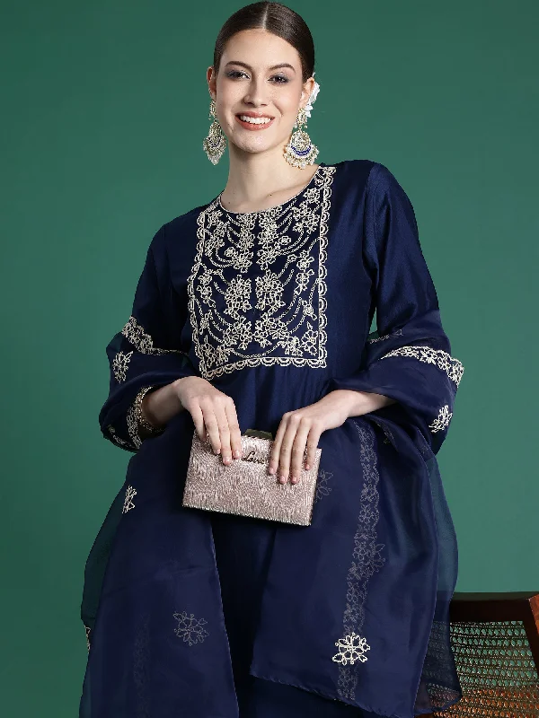 Women Blue Embroidered Straight Kurta Trousers With Dupatta Set - Taantav Trousers luxurious high-end