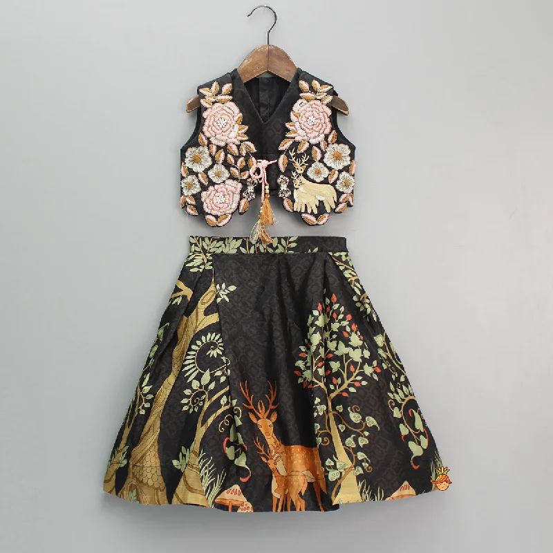 Pre Order: Printed Crop Top With Embroidered Jacket And Lehenga Snapped Jacket Toggled Jacket Drawstring Jacket Pre Order: Printed Crop Top With Embroidered Jacket And Lehenga Snapped Jacket Toggled Jacket Drawstring Jacket