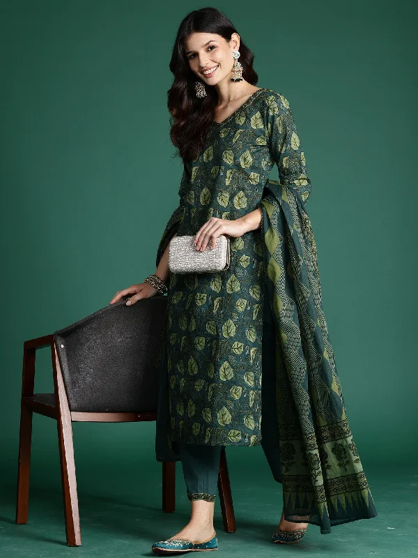 Women Green Printed Straight Kurta Trousers With Dupatta Set - Taantav Trousers Tapered Slim Fit