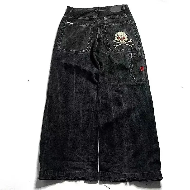 Advbridge 90s Streetwear Skinny Jeans Men Y2k Graphic Human Skeleton Gray Embroidery Baggy Jeans Mens Womens Harajuku High Waisted Wide Trouser Trousers Polka Dot Cute