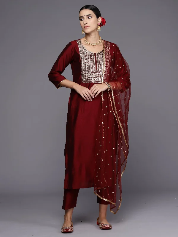 Women Maroon Embroidered Straight Kurta Trousers With Dupatta Set - Taantav Trousers Evening Elegant