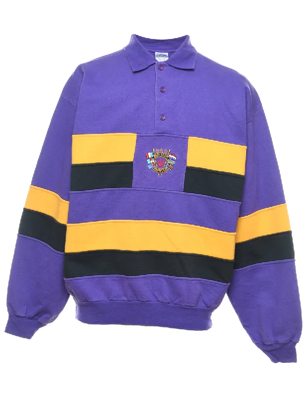 Purple & Yellow Contrast Embroidered Sweatshirt - M Hoodie with Slit Hem Functional Movement