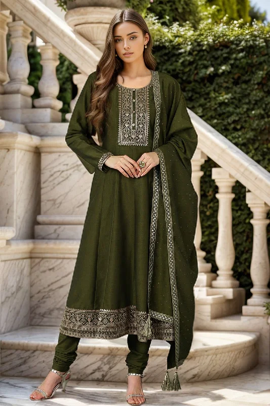 Ahika Olive Silk Blend Solid A-Line Kurta Trousers With Dupatta Skinny Trousers Denim Stretchy