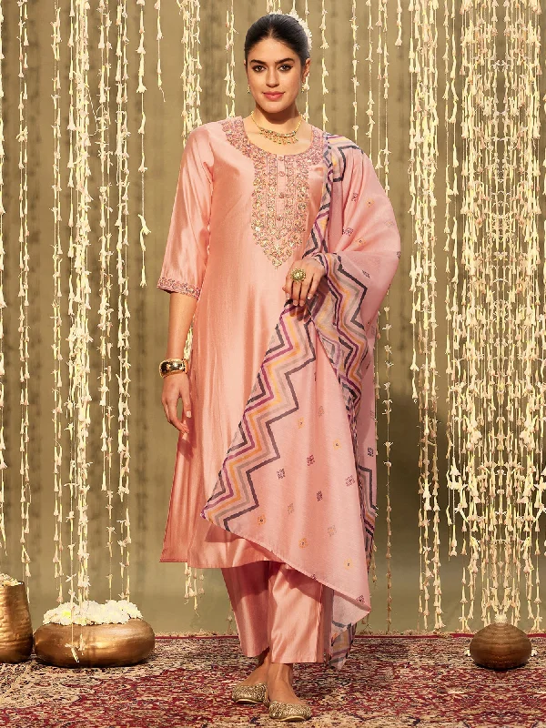 Women Pink Embroidered Straight Kurta Trousers With Dupatta Set - Taantav Trousers Solid Black