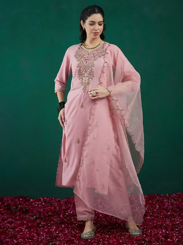 Women Pink Embroidered Straight Kurta Trousers With Dupatta Set - Taantav Trousers Flared Retro