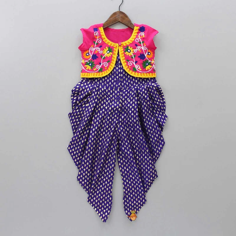 Foil Printed Dhoti Style Jumpsuit With Embroidered Jacket Ribbed Jacket Pleated Jacket Ruffled Jacket Foil Printed Dhoti Style Jumpsuit With Embroidered Jacket Ribbed Jacket Pleated Jacket Ruffled Jacket