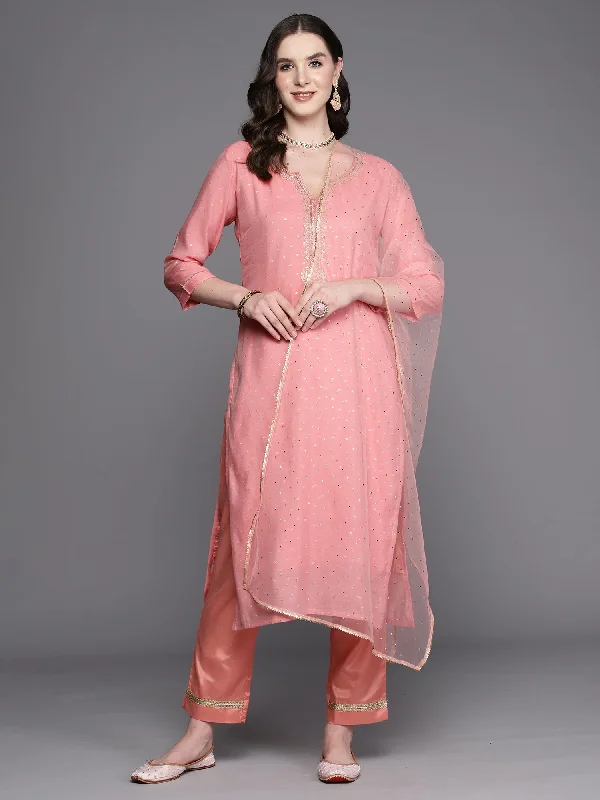 Women Pink Embroidered Straight Kurta Trousers With Dupatta Set - Taantav Trousers practical easy-care