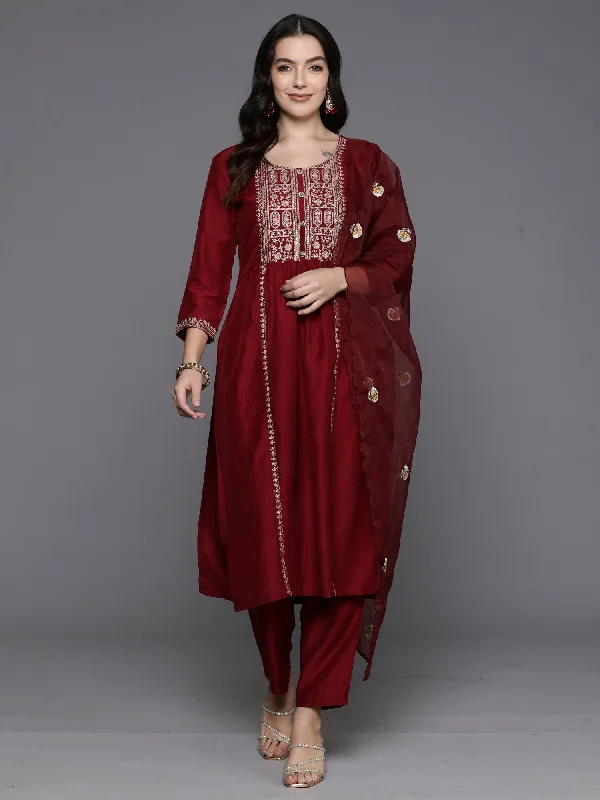 Women Maroon Embroidered Straight Kurta Trousers With Dupatta Set - Taantav Trousers Sale Discount