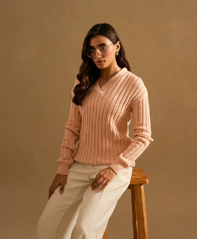 Pink V-Neck Sweater (Women) Terry Terry Cloth Terry Knit