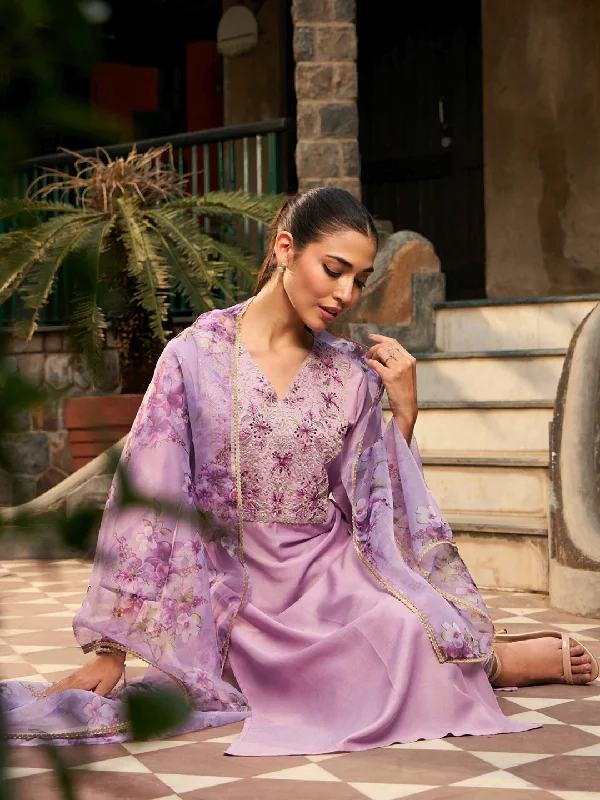 Women Purple Embroidered Straight Kurta Trousers With Dupatta Set - Taantav Trousers Leather Faux