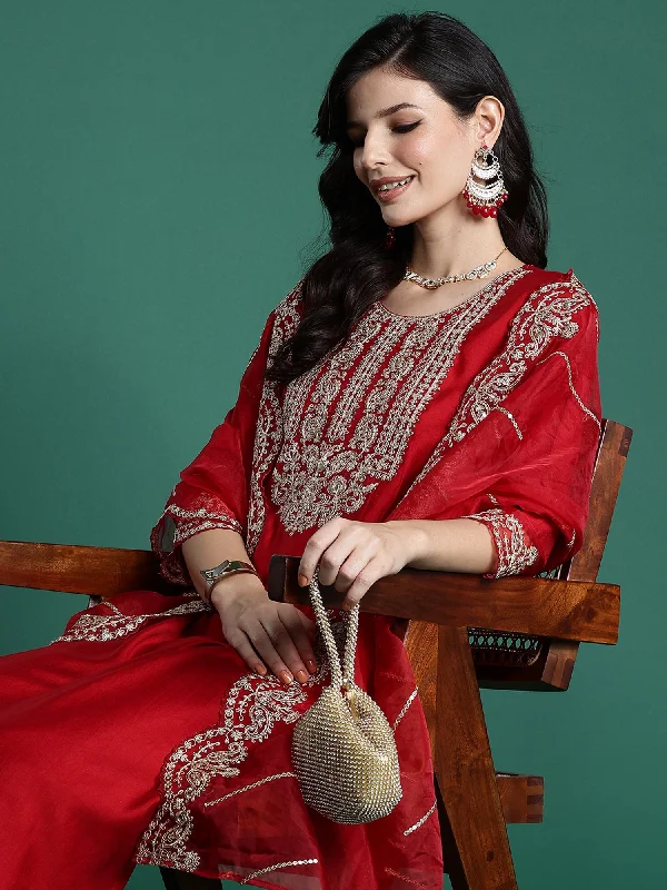 Women Red Embroidered Straight Kurta Trousers With Dupatta Set - Taantav Trousers Polka Dot Cute