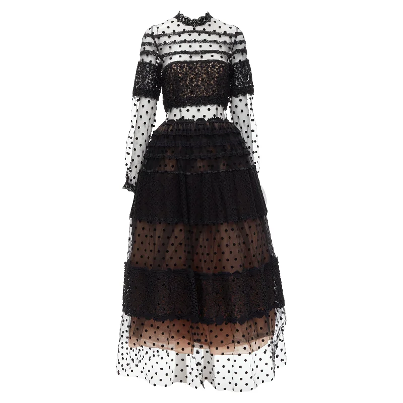Costarellos Polka Dot Devore Embroidery Trim Tulle Gown Dress