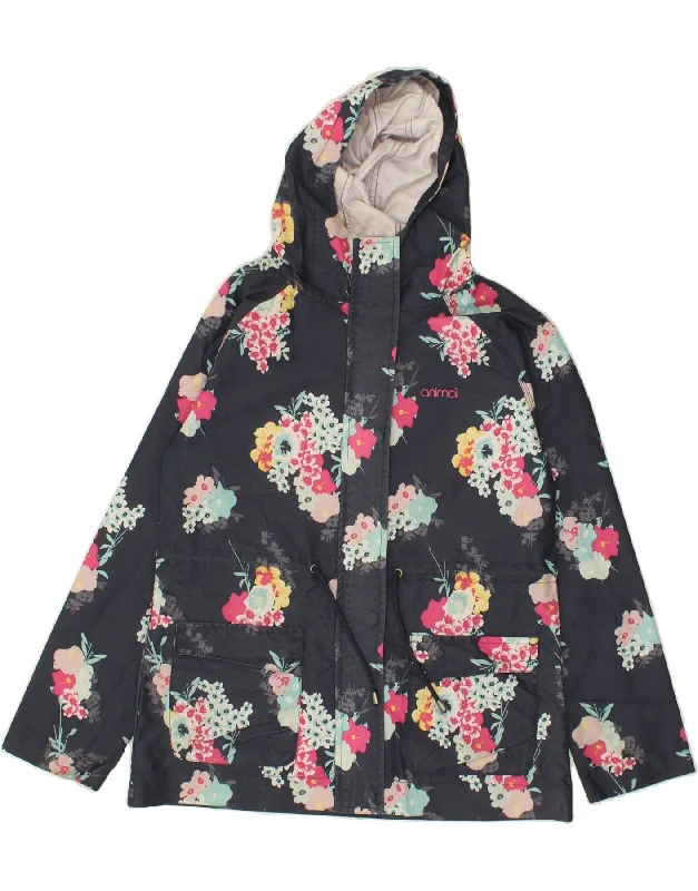 ANIMAL Womens Hooded Windbreaker Jacket UK 10 Small Navy Blue Floral Nylon Fabric Polyester Fabric Spandex Fabric ANIMAL Womens Hooded Windbreaker Jacket UK 10 Small Navy Blue Floral Nylon Fabric Polyester Fabric Spandex Fabric