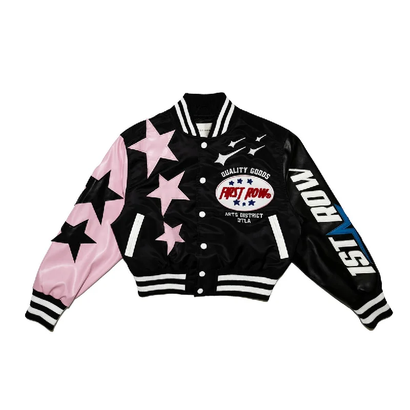 First Row Stars "Black Women's Varsity Jacket" Denim Fabric Leather Fabric Suede Fabric First Row Stars "Black Women's Varsity Jacket" Denim Fabric Leather Fabric Suede Fabric