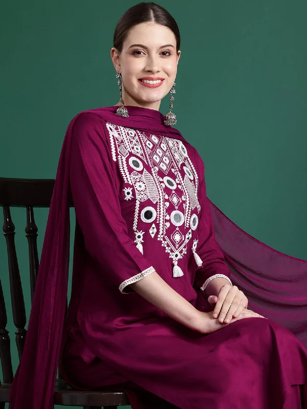 Women Burgundy Embroidered Straight Kurta Trousers With Dupatta Set - Taantav Trousers Ceremony Elegant