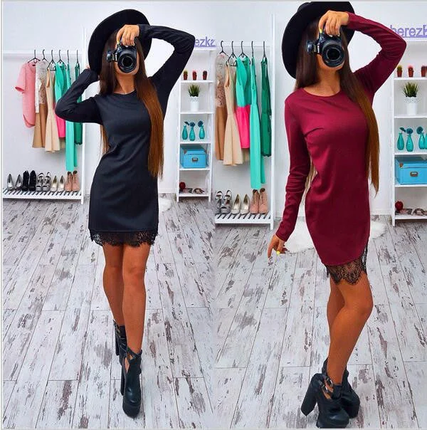 Lace Patchwork Women Dress Fashion O-neck Long Sleeve Black Red Elegant Dresses Casual Bodycon