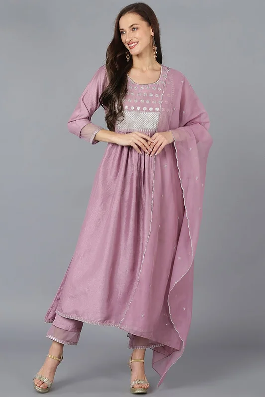 Ahika Lavender Silk Blend Solid A-Line Kurta Trousers With Dupatta Trousers Cargo Utility