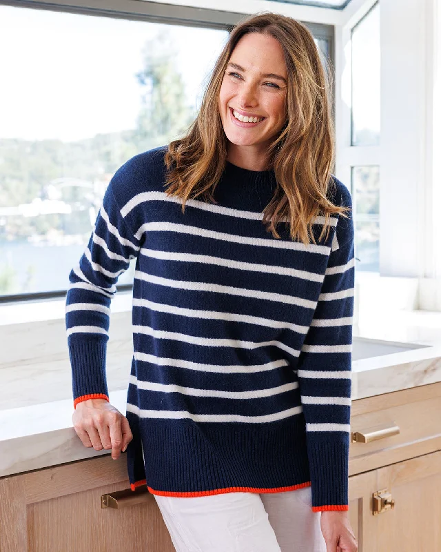 Womans Bexley Striped Crew Sweater in Navy with Ivory and Persimmon Trim - order size down, runs large Soft Cozy Warm