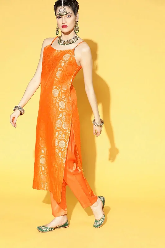 Ahika Orange Floral Cotton Kurta, Trouser Dupatta Set Trousers Sale Discount