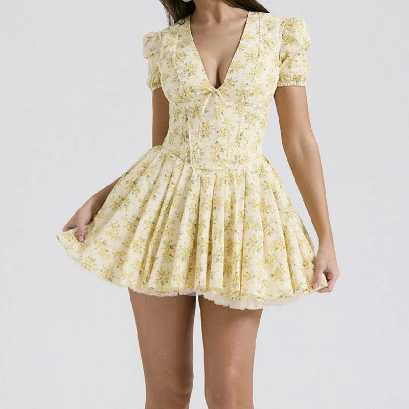 V-neck Puff Sleeve Dress Yellow Flowers Print French Style Sweet Pleated Dresses Womens Clothing V-neck Puff Sleeve Dress Yellow Flowers Print French Style Sweet Pleated Dresses Womens Clothing