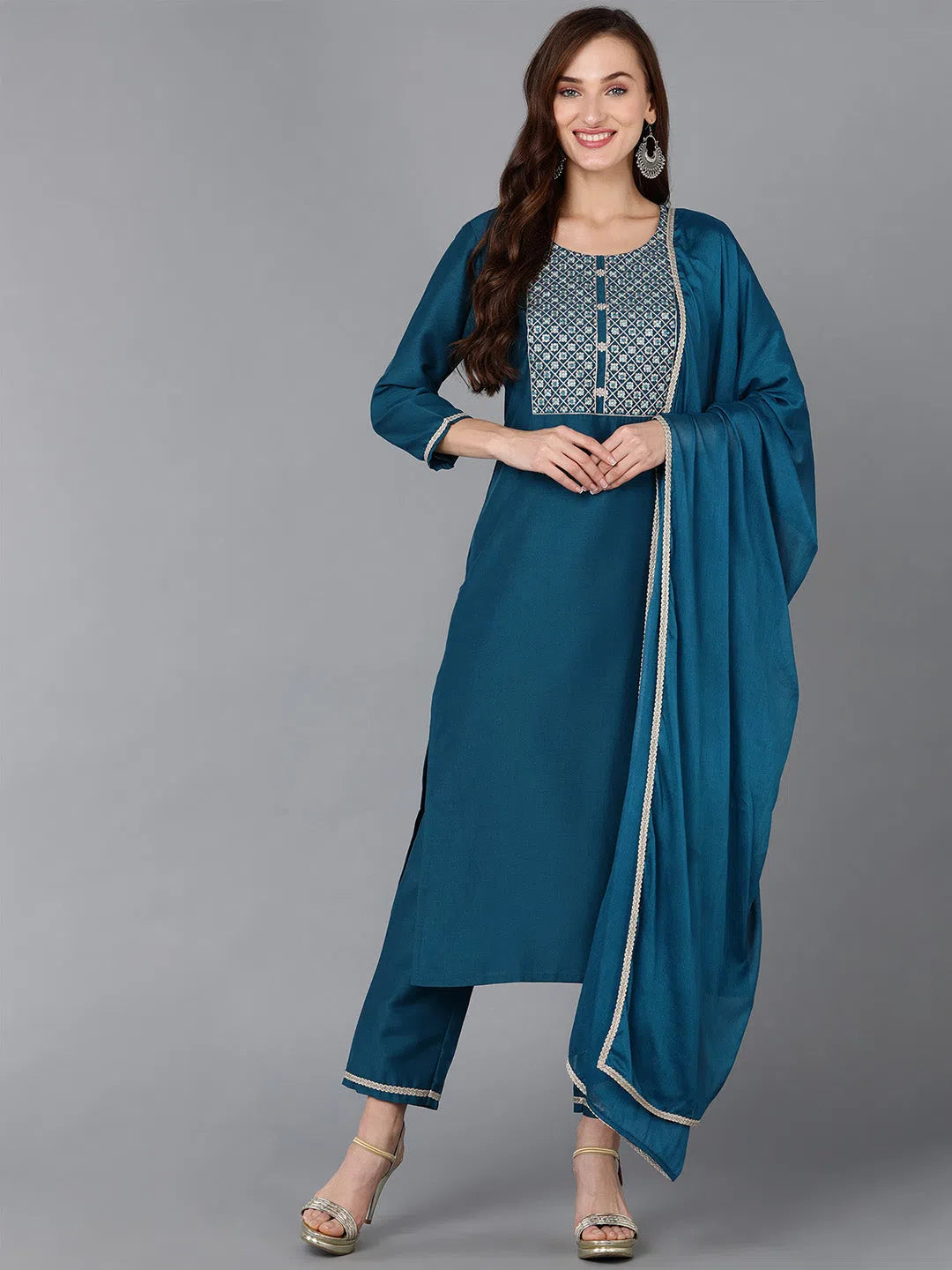 Ahika Women Silk Blend Embroidered Kurta Trousers-PKSKD1858_XS Trousers Harem Relaxed Fit
