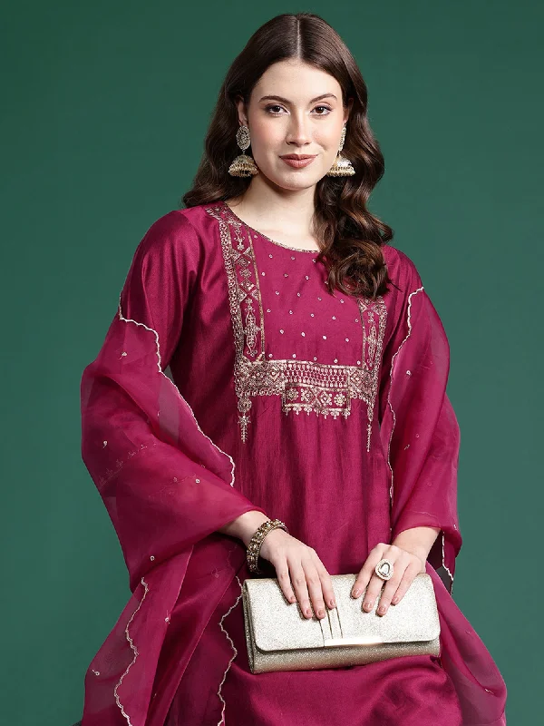 Women Burgundy Embroidered Straight Kurta Trousers With Dupatta Set - Taantav Trousers Striped Patterned