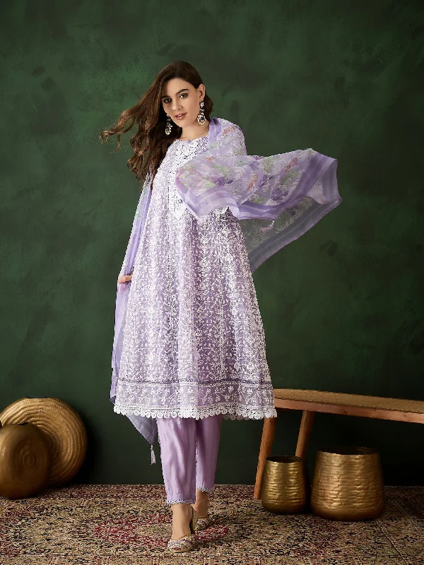 Lavender Crystal Organza schiffli embroidery Kurta With Trouser & Dupatta - Bhumi Trousers Business Professional